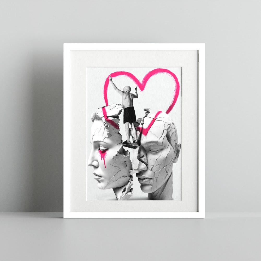 Contemporary Art Print With Fragmented Faces and Heart