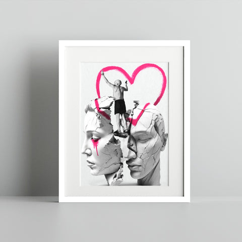 Contemporary Art Print With Fragmented Faces and Heart