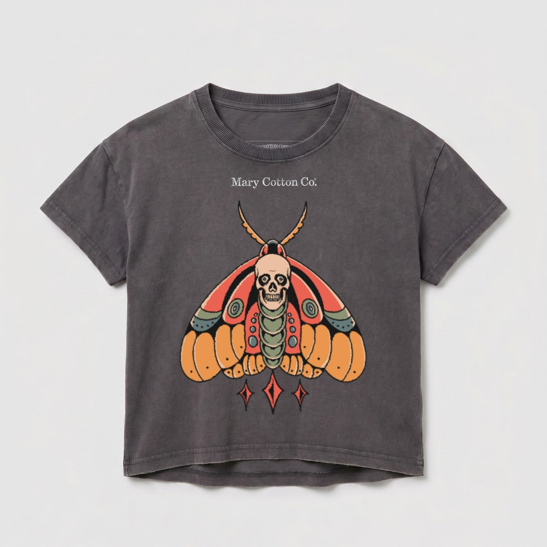Dark grey t-shirt with a stylized moth and skull graphic and "Mary Cotton Co." text.