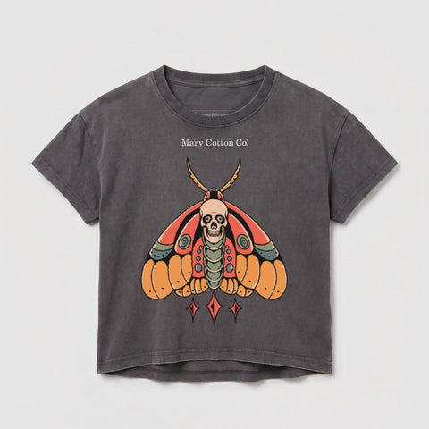 Dark grey t-shirt with a stylized moth and skull graphic and "Mary Cotton Co." text.