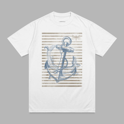 White t-shirt with distressed anchor and dragonfly graphic on striped background.