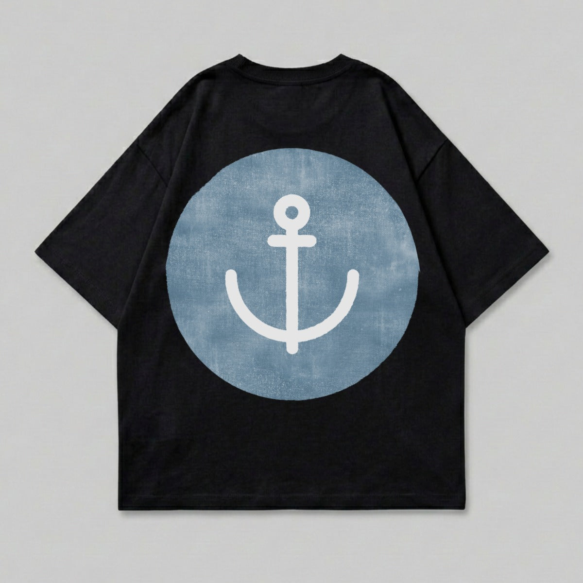 Black t-shirt with a white anchor on a faded blue circle.