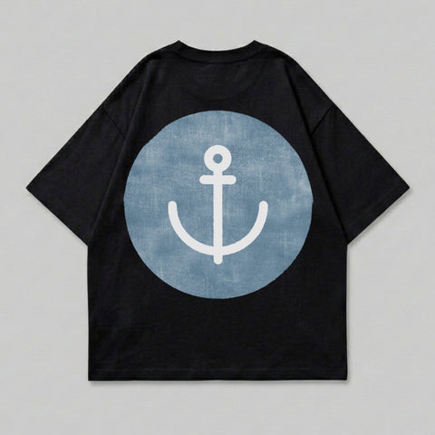 Black t-shirt with a white anchor on a faded blue circle.