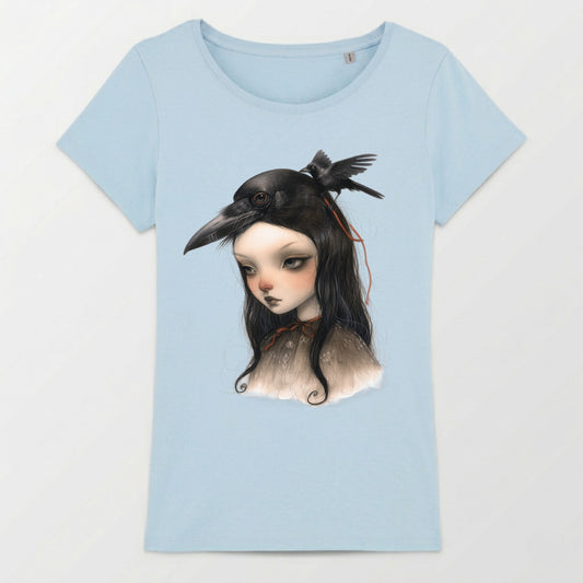 Light blue t-shirt with illustration of a pale girl with a crow on her head.