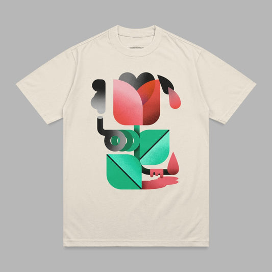 Cream t-shirt with abstract geometric flower and green leaves design.