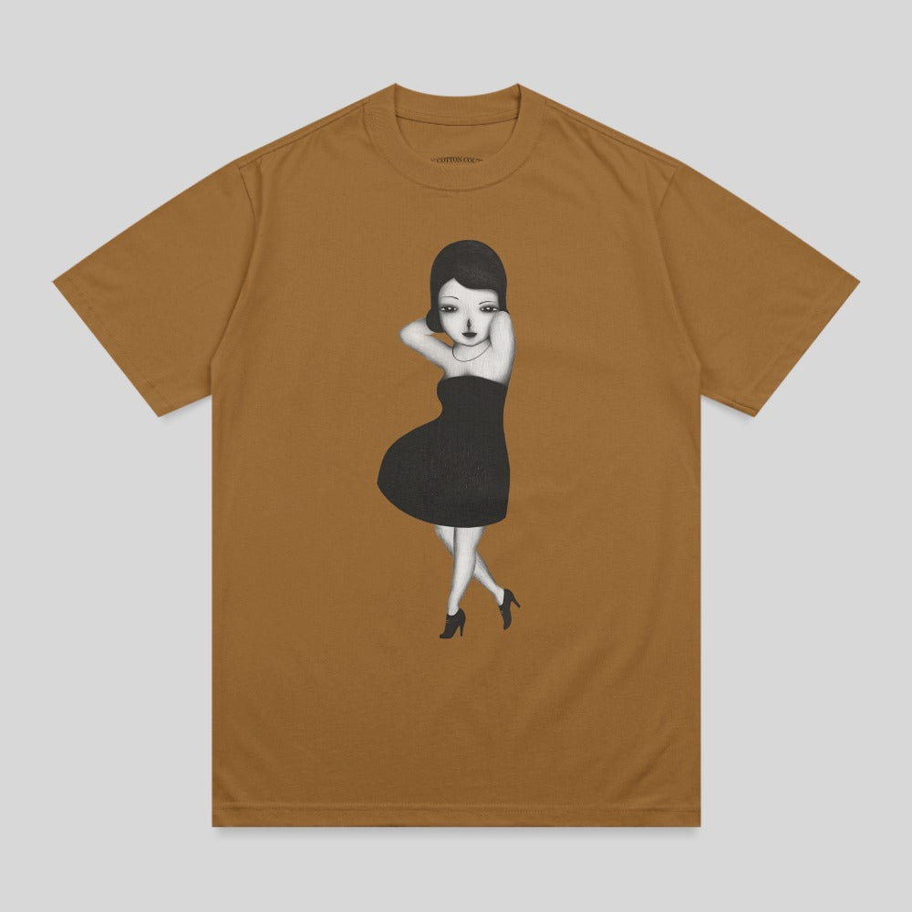 Brown t-shirt with a drawing of a woman in a black dress.