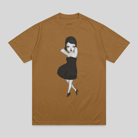 Brown t-shirt with a drawing of a woman in a black dress.