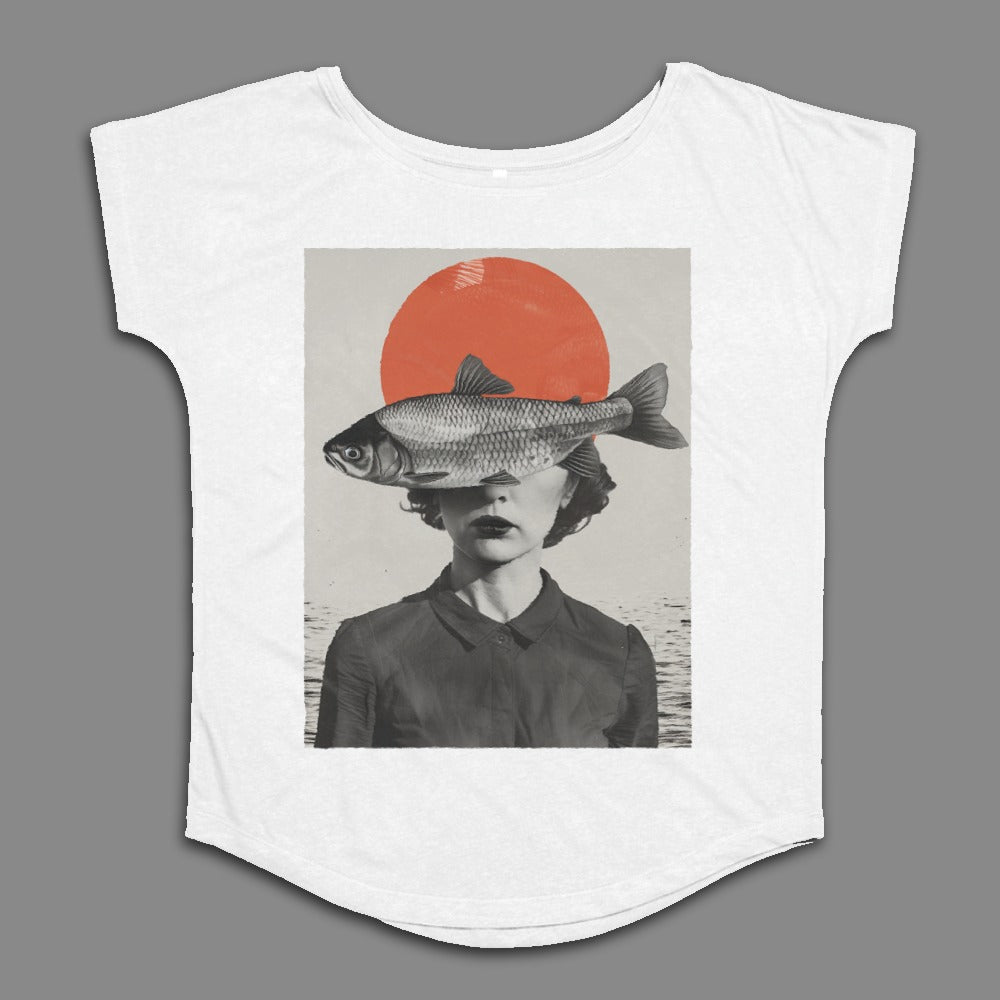 Surreal Graphic Tee with Fish and Retro Woman Image