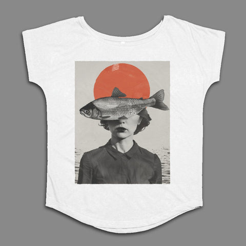 Surreal Graphic Tee with Fish and Retro Woman Image