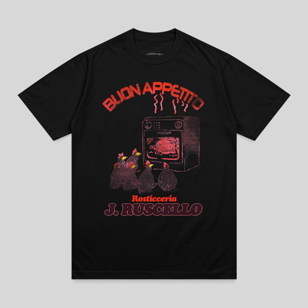 Black t-shirt with red graphic of chickens and a rotisserie oven, "BUON APPETITO" and "J. RUSCELLO".