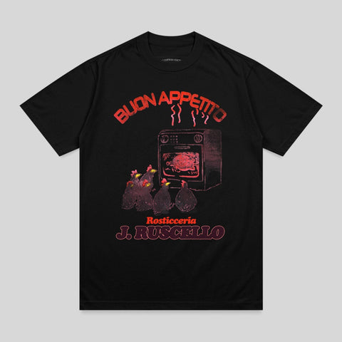 Black t-shirt with red graphic of chickens and a rotisserie oven, "BUON APPETITO" and "J. RUSCELLO".