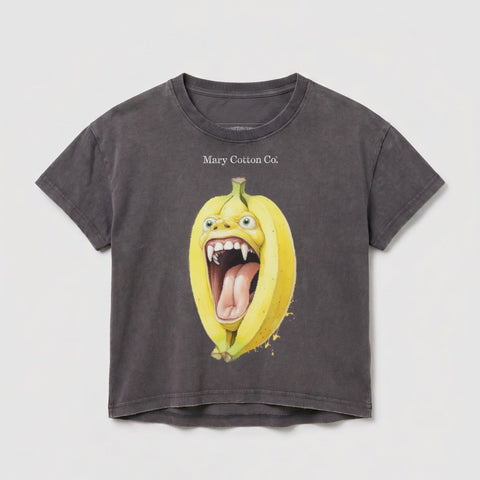Gray t-shirt with a cartoon banana monster face with an open mouth and sharp teeth.