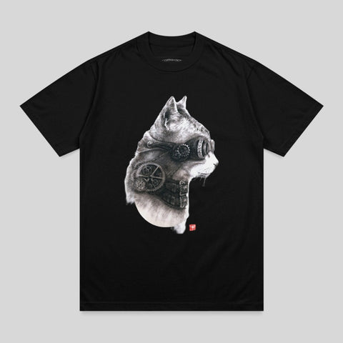 Steampunk cat wearing goggles, with gears inside its head, on a black t-shirt.