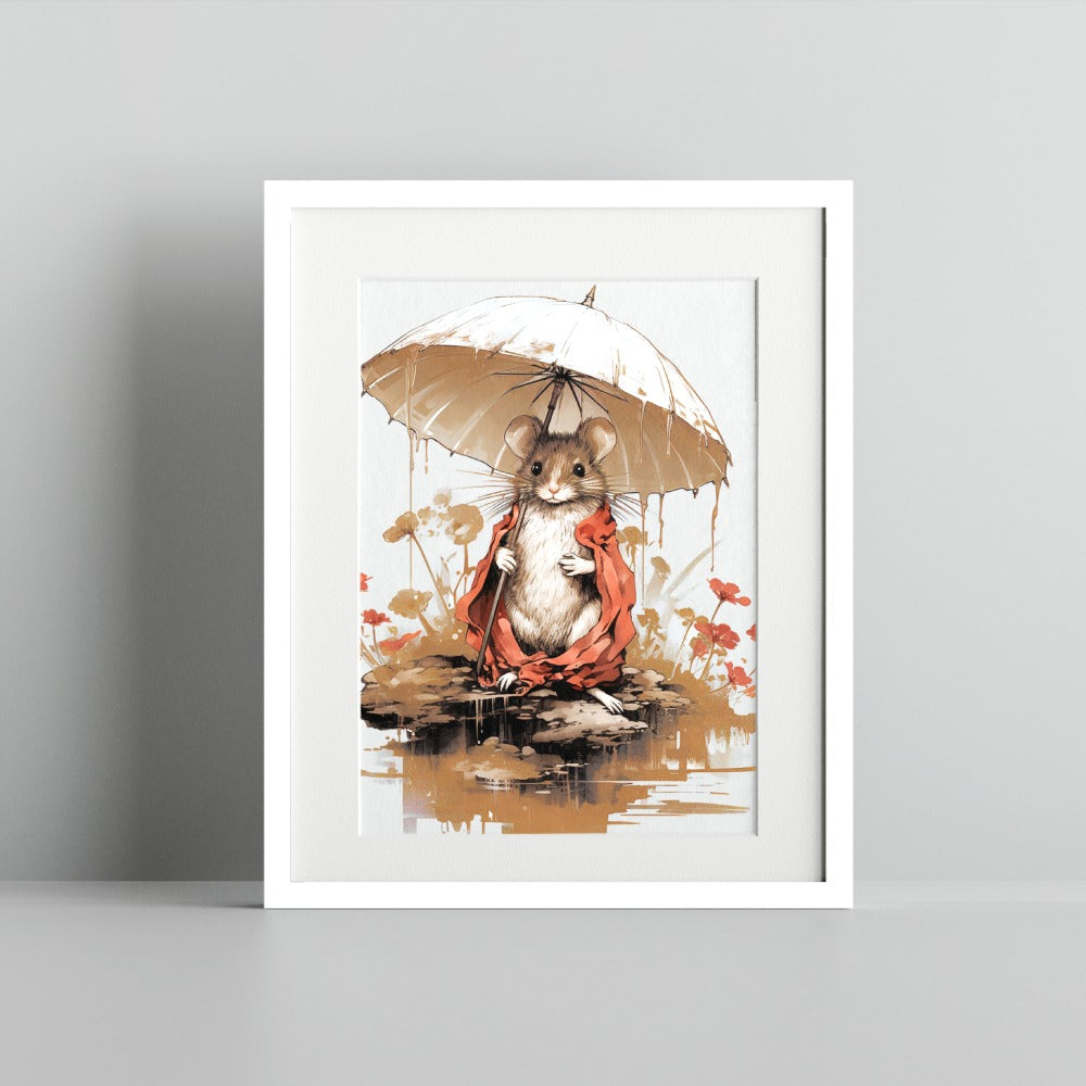 Mouse Under Umbrella Artistic Illustration Wall Art