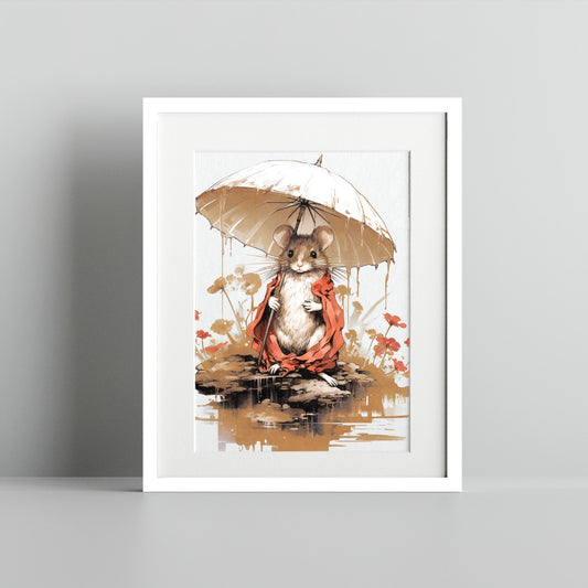 Mouse Under Umbrella Artistic Illustration Wall Art