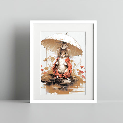 Mouse Under Umbrella Artistic Illustration Wall Art