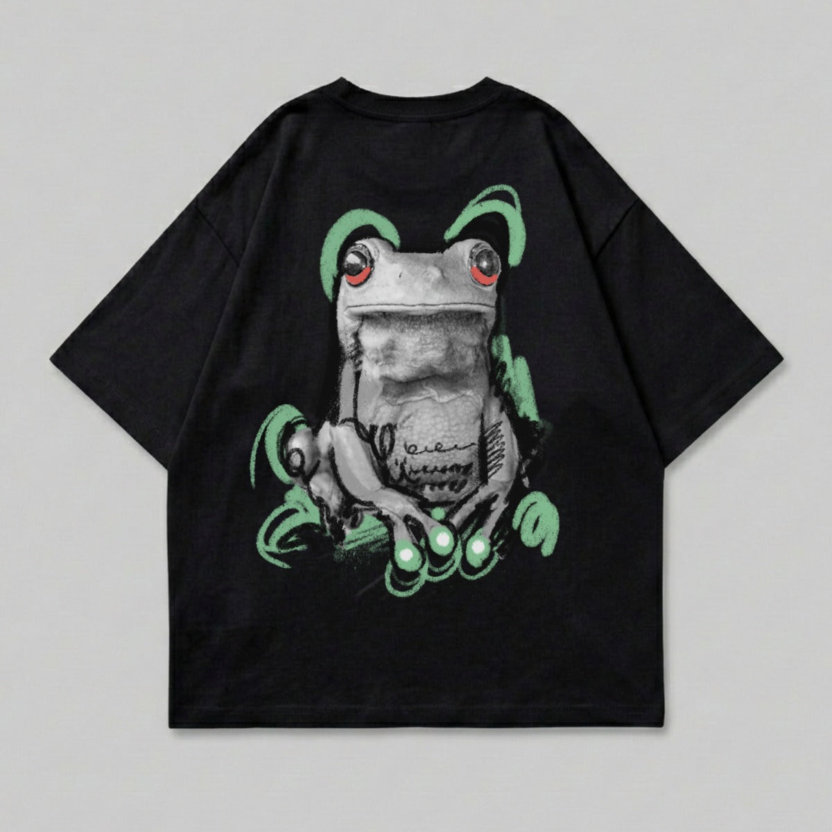 Black frog graphic red eyes green accents product type