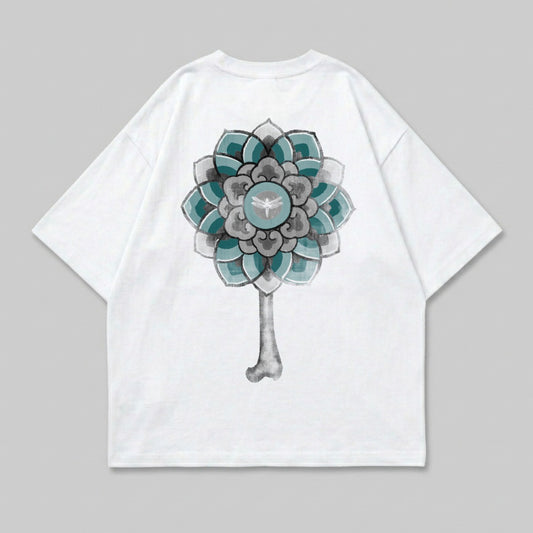 White t-shirt with a blue and gray mandala-like floral design on the back.