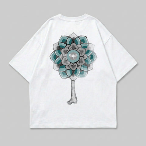 White t-shirt with a blue and gray mandala-like floral design on the back.