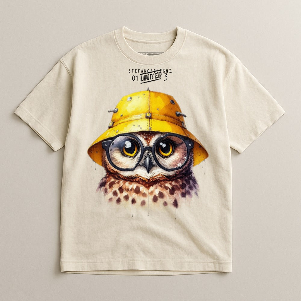 Limited Edition Owl Print T-Shirt with Yellow Hat Design