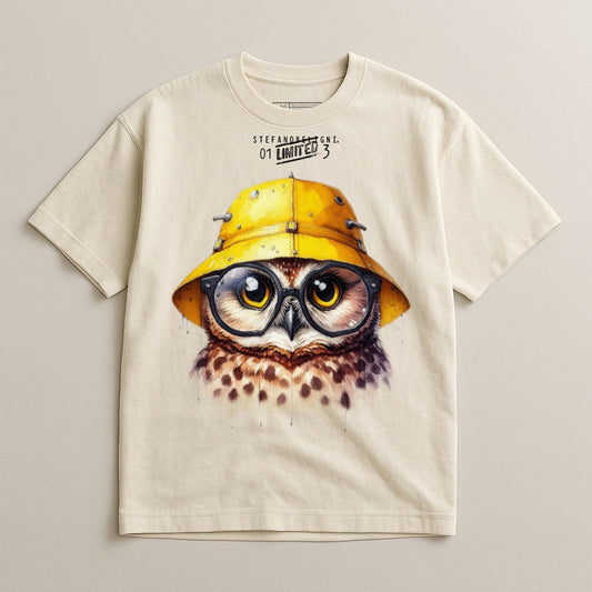 Limited Edition Owl Print T-Shirt with Yellow Hat Design