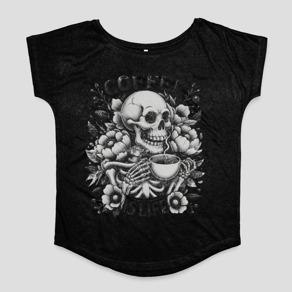 Skull Holding Coffee with Flowers Black Shirt
