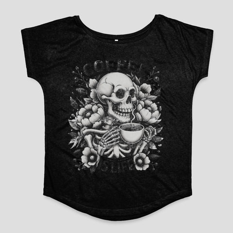 Skull Holding Coffee with Flowers Black Shirt