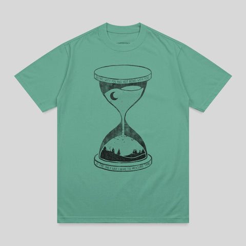 Green t-shirt with hourglass design and text: "Being with you and not being with you is the only way I have to measure time."