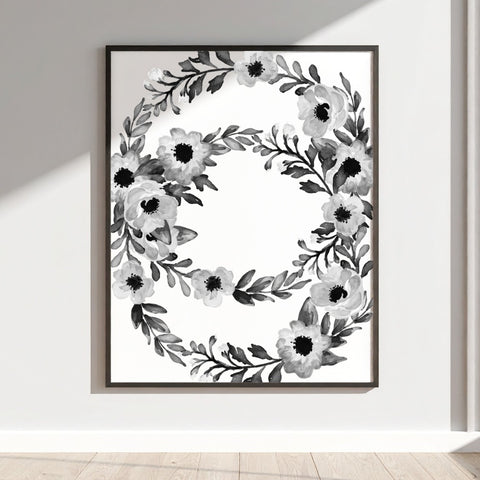 Monochrome Floral Circle Wall Art Print Decor