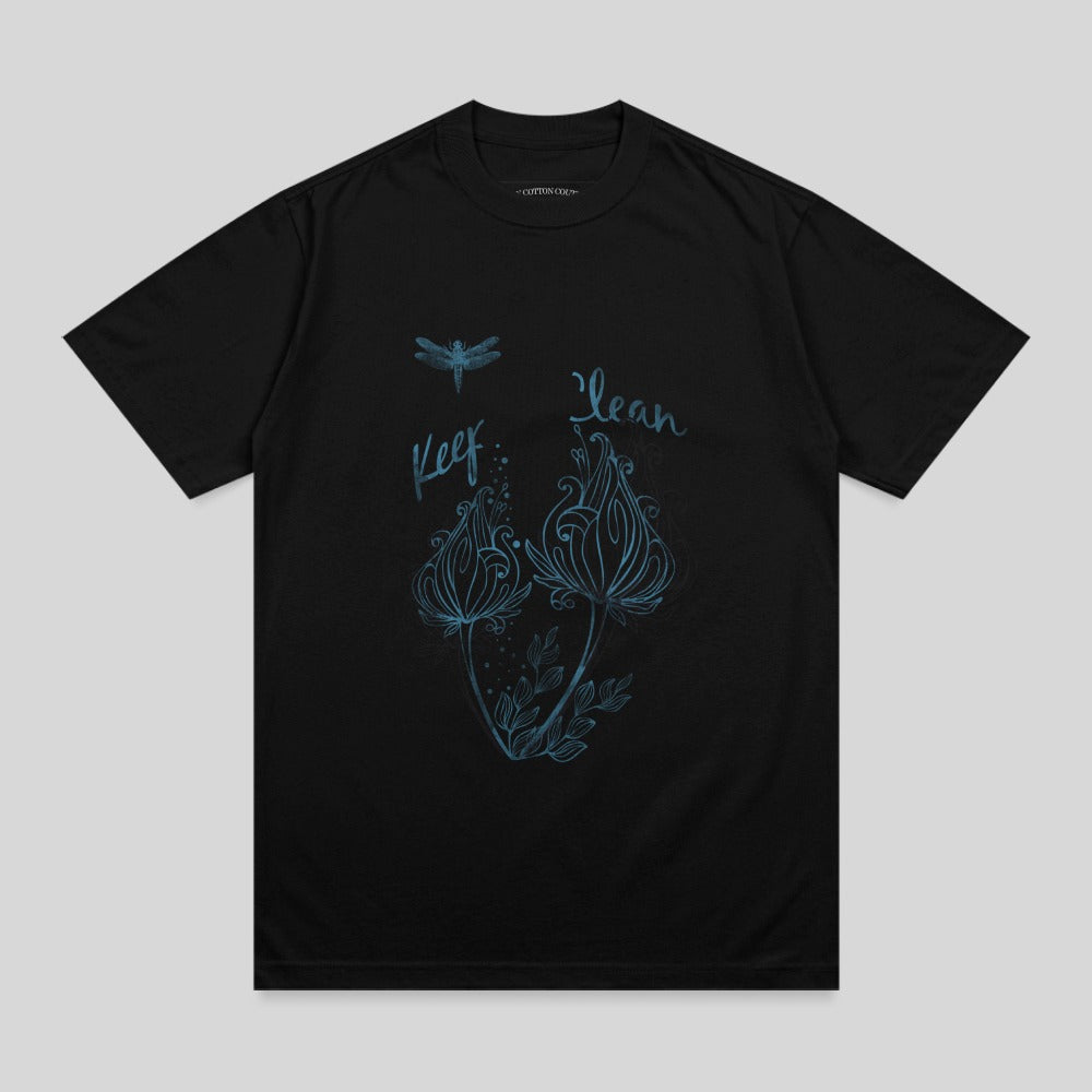 Black t-shirt with blue floral and dragonfly design and "Keep clean" text.