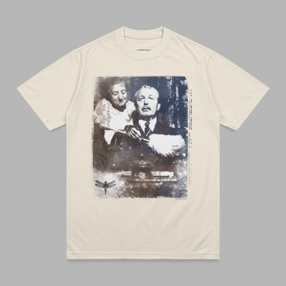 Cream t-shirt with vintage portrait of a man and woman, dragonfly graphic.