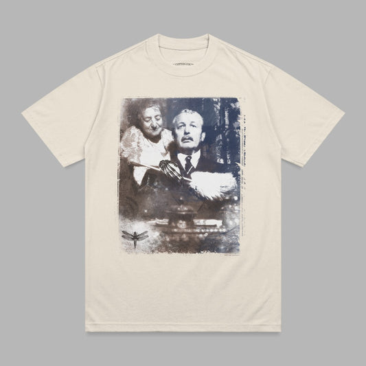 Cream t-shirt with vintage portrait of a man and woman, dragonfly graphic.