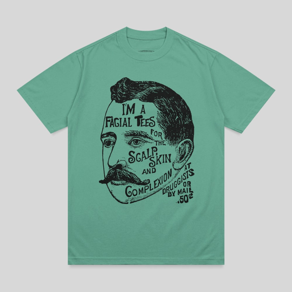 Black and white illustration of a man's face on a green t-shirt.