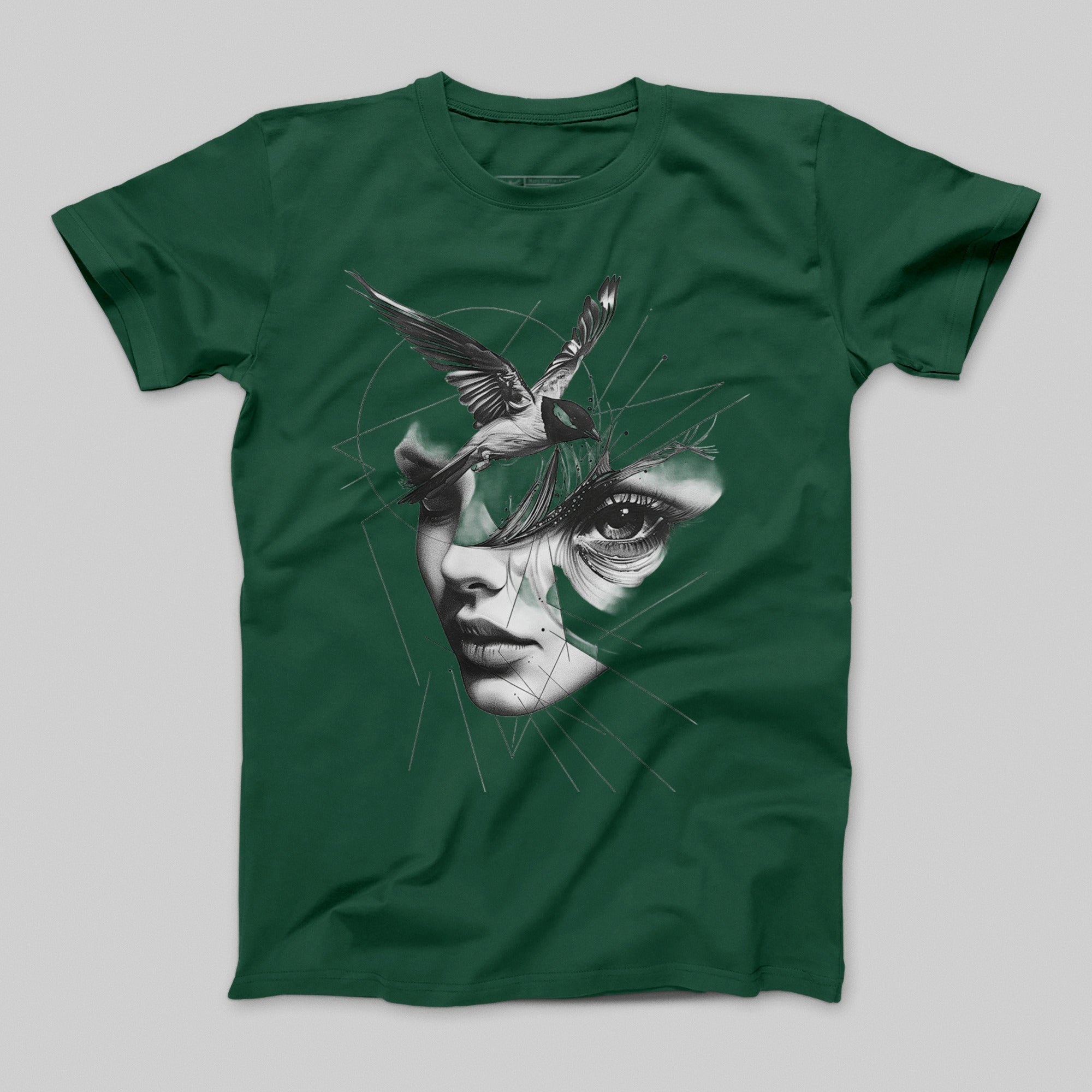 Abstract Face and Bird Design Green T-shirt Product
