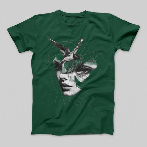 Abstract Face and Bird Design Green T-shirt Product