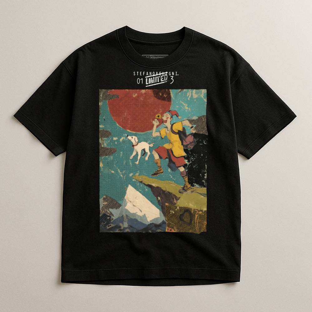 Black t-shirt with graphic of man and dog on cliff, "STEFANO BENIGNI. 01 LIMITED 3" text.
