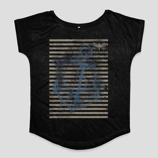 Vintage Anchor Stripes Graphic Print Black Top
