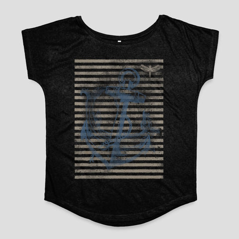 Vintage Anchor Stripes Graphic Print Black Top