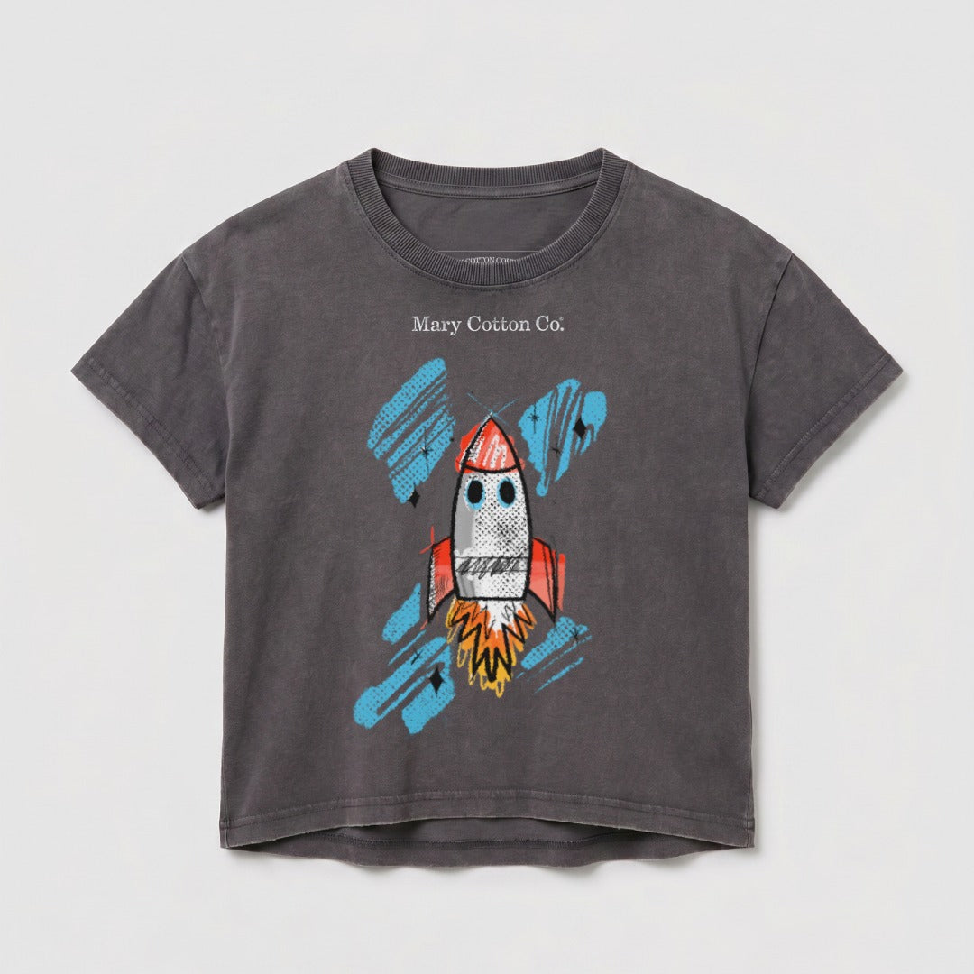 Dark grey t-shirt with a red and white rocket graphic and blue accents.
