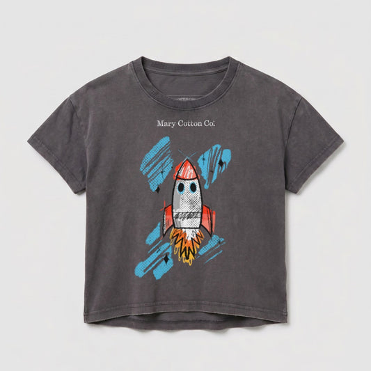 Dark grey t-shirt with a red and white rocket graphic and blue accents.