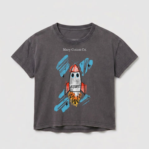 Dark grey t-shirt with a red and white rocket graphic and blue accents.