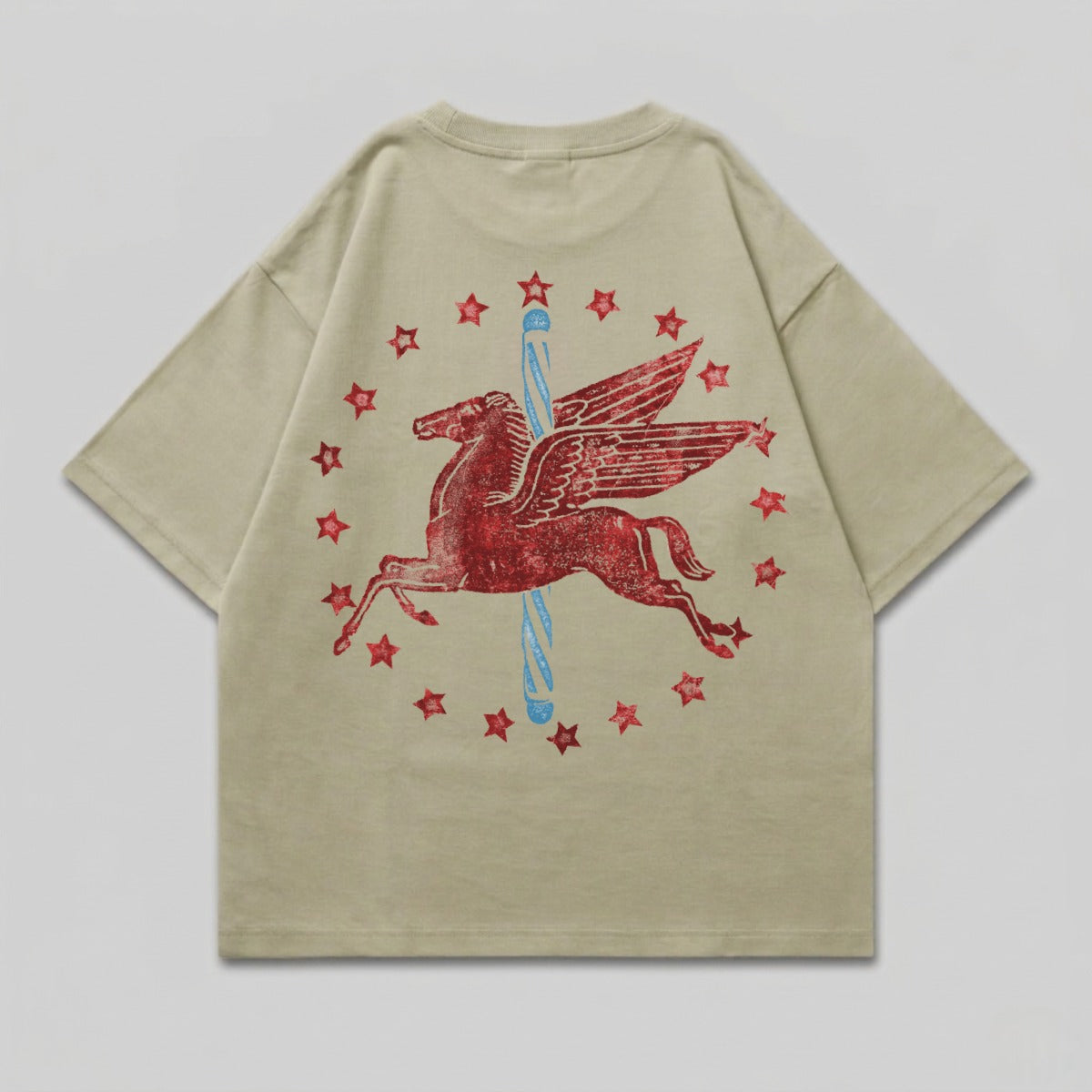 Beige t-shirt with a red winged horse and blue stars design.