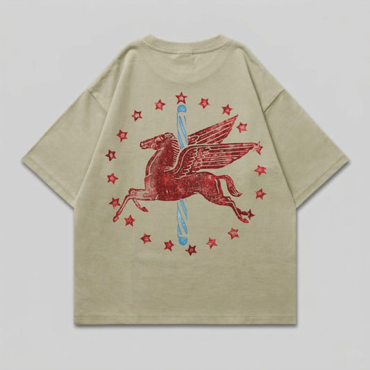 Beige t-shirt with a red winged horse and blue stars design.