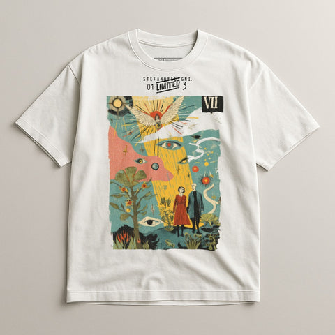 White t-shirt with a surreal illustration featuring a couple, an eye, and geometric shapes.