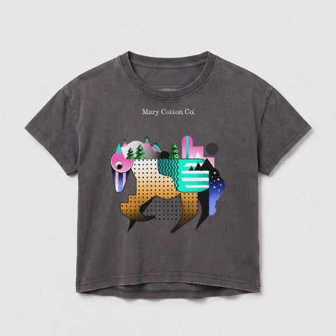 Gray t-shirt with a colorful geometric horse design and "Mary Cotton Co." text.