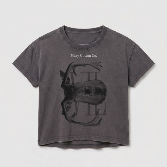 Grey t-shirt with distressed deer graphic and "Mary Cotton Co." text.