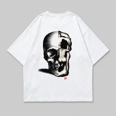 White t-shirt with a black and white graphic of a skull merging with a human figure.