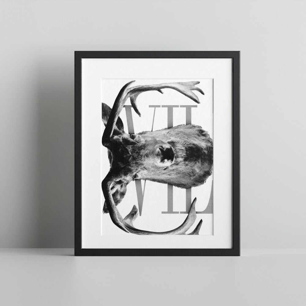 Monochrome Deer Art with Roman Numerals Wall Decor