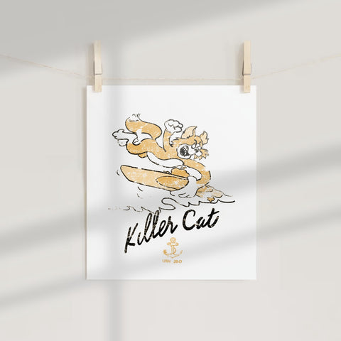 Killer Cat Surfboard Cartoon Poster for Home Decor