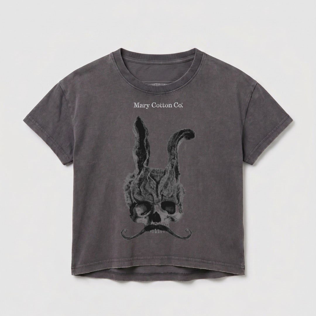 Dark gray t-shirt with a skull and bunny ears graphic, "Mary Cotton Co." text above.